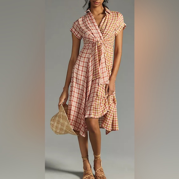 Anthropologie Plaid Wrap Dress in Pink and Yellow. XS please see photo for flaw - Picture 5 of 9
